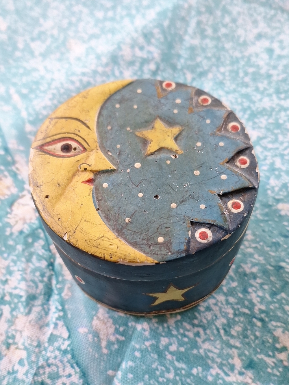 Vintage Hand-Painted Moon & Star Decorative Box in Blue and Yellow